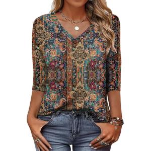 Zeagoo Womens Blouse Casual 3/4 Length Sleeve V Neck Basic T-Shirts Spring Summer Cute Tunic Tops Business Work Tees(Boho-mz721)
