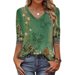 Zeagoo Womens Blouse Casual 3/4 Length Sleeve V Neck Basic T-Shirts Spring Summer Cute Tunic Tops Business Work Tees(Green Flower-mz808)