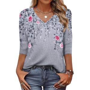 Zeagoo Womens Blouse Casual 3/4 Length Sleeve V Neck Basic T-Shirts Spring Summer Cute Tunic Tops Business Work Tees(Grey Flower-hf36)
