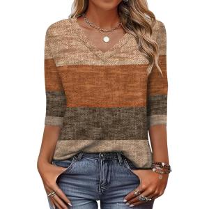Zeagoo Womens Blouse Casual 3/4 Length Sleeve V Neck Basic T-Shirts Spring Summer Cute Tunic Tops Business Work Tees(Khaki-jh398)