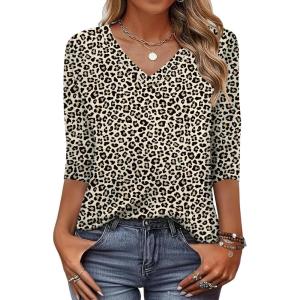 Zeagoo Womens Blouse Casual 3/4 Length Sleeve V Neck Basic T-Shirts Spring Summer Cute Tunic Tops Business Work Tees(Leopard Print-an20)