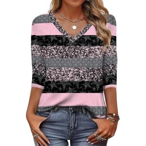 Zeagoo Womens Blouse Casual 3/4 Length Sleeve V Neck Basic T-Shirts Spring Summer Cute Tunic Tops Business Work Tees(Pink Stripe-tz245)