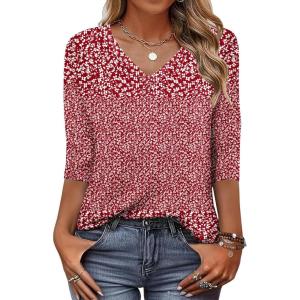 Zeagoo Womens Blouse Casual 3/4 Length Sleeve V Neck Basic T-Shirts Spring Summer Cute Tunic Tops Business Work Tees(Point Red-xh518)