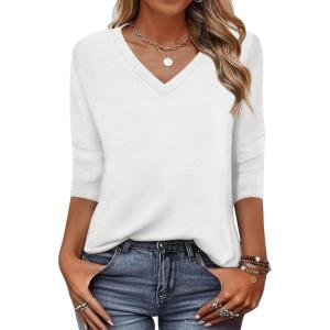 Zeagoo Womens Blouse Casual 3/4 Length Sleeve V Neck Basic T-Shirts Spring Summer Cute Tunic Tops Business Work Tees(White)