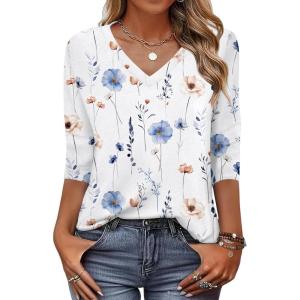 Zeagoo Womens Blouse Casual 3/4 Length Sleeve V Neck Basic T-Shirts Spring Summer Cute Tunic Tops Business Work Tees(White Flowers-bf290)