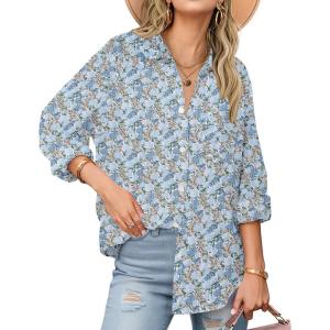 Zeagoo Womens Button Down Shirts Long Sleeve Cotton Gauze Tops Casual Collared Blouses Loose Fit(Blue Blossom)