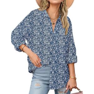 Zeagoo Womens Button Down Shirts Long Sleeve Cotton Gauze Tops Casual Collared Blouses Loose Fit(Blue Floral)