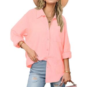 Zeagoo Womens Button Down Shirts Long Sleeve Cotton Gauze Tops Casual Collared Blouses Loose Fit(Coral)