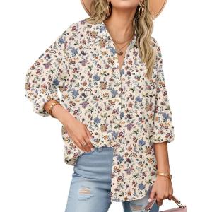 Zeagoo Womens Button Down Shirts Long Sleeve Cotton Gauze Tops Casual Collared Blouses Loose Fit(Cream Floral)