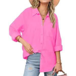 Zeagoo Womens Button Down Shirts Long Sleeve Cotton Gauze Tops Casual Collared Blouses Loose Fit(Fuschia Pink)