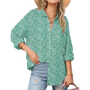 Zeagoo Womens Button Down Shirts Long Sleeve Cotton Gauze Tops Casual Collared Blouses Loose Fit(Green Floral)