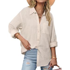 Zeagoo Womens Button Down Shirts Long Sleeve Cotton Gauze Tops Casual Collared Blouses Loose Fit(Khaki)