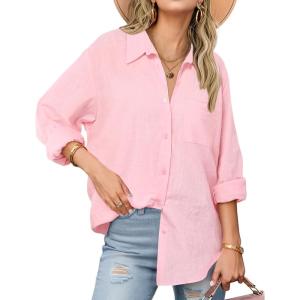 Zeagoo Womens Button Down Shirts Long Sleeve Cotton Gauze Tops Casual Collared Blouses Loose Fit(Light Pink)