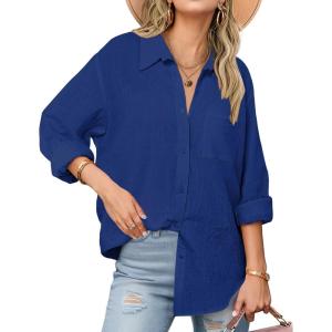Zeagoo Womens Button Down Shirts Long Sleeve Cotton Gauze Tops Casual Collared Blouses Loose Fit(Navy Blue)