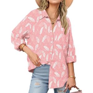 Zeagoo Womens Button Down Shirts Long Sleeve Cotton Gauze Tops Casual Collared Blouses Loose Fit(Pink Tropical)