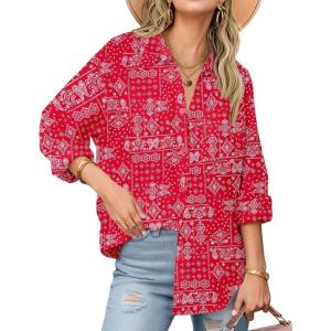 Zeagoo Womens Button Down Shirts Long Sleeve Cotton Gauze Tops Casual Collared Blouses Loose Fit(Red Boho)