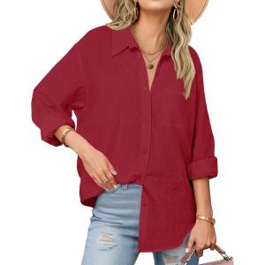 Zeagoo Womens Button Down Shirts Long Sleeve Cotton Gauze Tops Casual Collared Blouses Loose Fit(Wine Red)