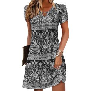 Zeagoo Women’s Casual A-Line Dresses with Pockets Summer Floral Tshirt Dress Short Sleeve Mini Dress Flowy Sundresses(Black-printed)