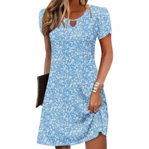 Zeagoo Women’s Casual A-Line Dresses with Pockets Summer Floral Tshirt Dress Short Sleeve Mini Dress Flowy Sundresses(Blue White Floral)
