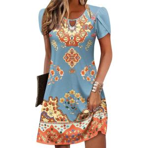 Zeagoo Women’s Casual A-Line Dresses with Pockets Summer Floral Tshirt Dress Short Sleeve Mini Dress Flowy Sundresses(Blue-printed)