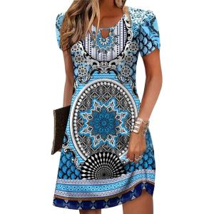Zeagoo Women’s Casual A-Line Dresses with Pockets Summer Floral Tshirt Dress Short Sleeve Mini Dress Flowy Sundresses(Blue-printed-3)