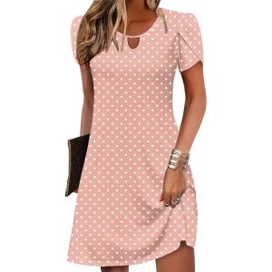 Zeagoo Women’s Casual A-Line Dresses with Pockets Summer Floral Tshirt Dress Short Sleeve Mini Dress Flowy Sundresses(Pink Round Dot)