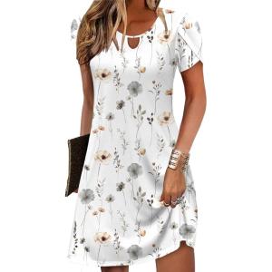 Zeagoo Women’s Casual A-Line Dresses with Pockets Summer Floral Tshirt Dress Short Sleeve Mini Dress Flowy Sundresses(White-printed)