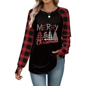 Zeagoo Women’s Casual Long Sleeve Shirts Crew Neck Round Hem Loose T-Shirts Tunic Tops with Thumb Holes(Black Plaid Christmas)