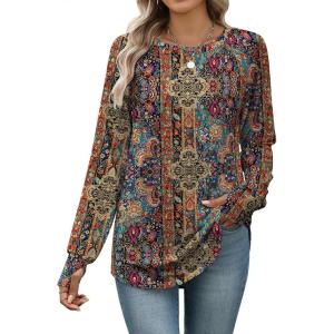 Zeagoo Women’s Casual Long Sleeve Shirts Crew Neck Round Hem Loose T-Shirts Tunic Tops with Thumb Holes(Boho)