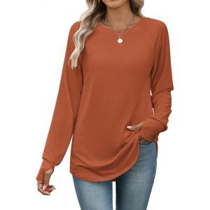 Zeagoo Women’s Casual Long Sleeve Shirts Crew Neck Round Hem Loose T-Shirts Tunic Tops with Thumb Holes(Caramel)