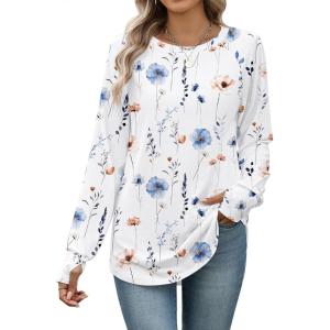Zeagoo Women’s Casual Long Sleeve Shirts Crew Neck Round Hem Loose T-Shirts Tunic Tops with Thumb Holes(Floral White)