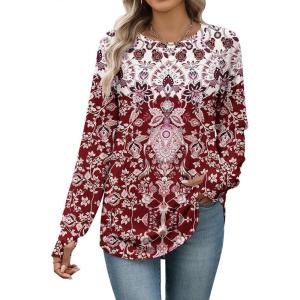 Zeagoo Women’s Casual Long Sleeve Shirts Crew Neck Round Hem Loose T-Shirts Tunic Tops with Thumb Holes(Red Print)