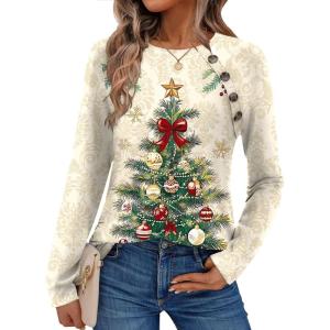 Zeagoo Womens Long Sleeve Tshirts Casual Tunic Tops Work Fashion Cute Sweaters Fall Outfits 2026 Dressy Blouse(01-floral Christmas)