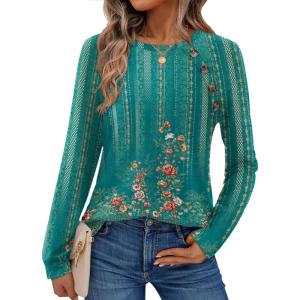 Zeagoo Womens Long Sleeve Tshirts Casual Tunic Tops Work Fashion Cute Sweaters Fall Outfits 2026 Dressy Blouse(Green Floral)