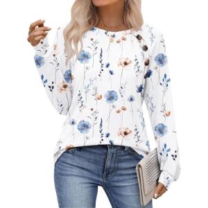 Zeagoo Womens Long Sleeve Tshirts Casual Tunic Tops Work Fashion Cute Sweaters Fall Outfits 2026 Dressy Blouse(White Floral)