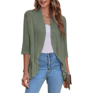 Zeagoo Women’s Open Front Cardigan 3/4 Sleeve Draped Ruffles Soft Knit Sweaters S-3XL(Army Green)