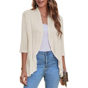 Zeagoo Women’s Open Front Cardigan 3/4 Sleeve Draped Ruffles Soft Knit Sweaters S-3XL(Beige)