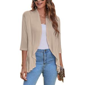 Zeagoo Women’s Open Front Cardigan 3/4 Sleeve Draped Ruffles Soft Knit Sweaters S-3XL(Khaki)