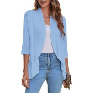 Zeagoo Women’s Open Front Cardigan 3/4 Sleeve Draped Ruffles Soft Knit Sweaters S-3XL(Light Blue)