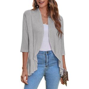 Zeagoo Women’s Open Front Cardigan 3/4 Sleeve Draped Ruffles Soft Knit Sweaters S-3XL(Light Grey)