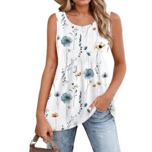 Zeagoo Women’s Summer Tank Tops 2026 Pleated Crew Neck Floral Solid Loose Fit Casual Sleeveless Flowy Boho Tunic Shirts(A-blue Flower)