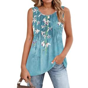 Zeagoo Women’s Summer Tank Tops 2026 Pleated Crew Neck Floral Solid Loose Fit Casual Sleeveless Flowy Boho Tunic Shirts(Bf202)