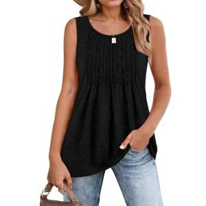 Zeagoo Women’s Summer Tank Tops 2026 Pleated Crew Neck Floral Solid Loose Fit Casual Sleeveless Flowy Boho Tunic Shirts(Black)