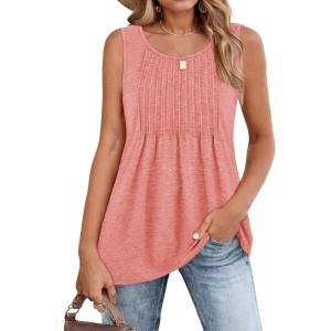 Zeagoo Women’s Summer Tank Tops 2026 Pleated Crew Neck Floral Solid Loose Fit Casual Sleeveless Flowy Boho Tunic Shirts(Coral)