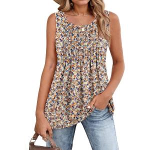 Zeagoo Women’s Summer Tank Tops 2026 Pleated Crew Neck Floral Solid Loose Fit Casual Sleeveless Flowy Boho Tunic Shirts(Floral Pink)