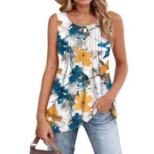 Zeagoo Women’s Summer Tank Tops 2026 Pleated Crew Neck Floral Solid Loose Fit Casual Sleeveless Flowy Boho Tunic Shirts(Floral Tye Dye)
