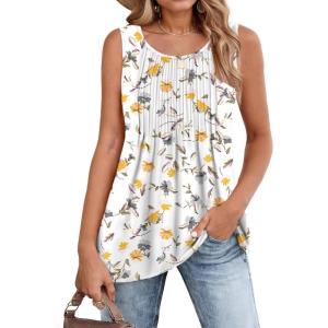 Zeagoo Women’s Summer Tank Tops 2026 Pleated Crew Neck Floral Solid Loose Fit Casual Sleeveless Flowy Boho Tunic Shirts(Floral Yellow)