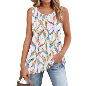 Zeagoo Women’s Summer Tank Tops 2026 Pleated Crew Neck Floral Solid Loose Fit Casual Sleeveless Flowy Boho Tunic Shirts(Leaf Print)