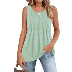 Zeagoo Women’s Summer Tank Tops 2026 Pleated Crew Neck Floral Solid Loose Fit Casual Sleeveless Flowy Boho Tunic Shirts(Mint Green)