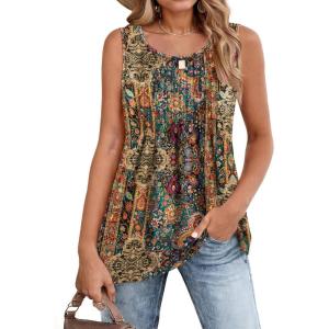 Zeagoo Women’s Summer Tank Tops 2026 Pleated Crew Neck Floral Solid Loose Fit Casual Sleeveless Flowy Boho Tunic Shirts(Mz721)